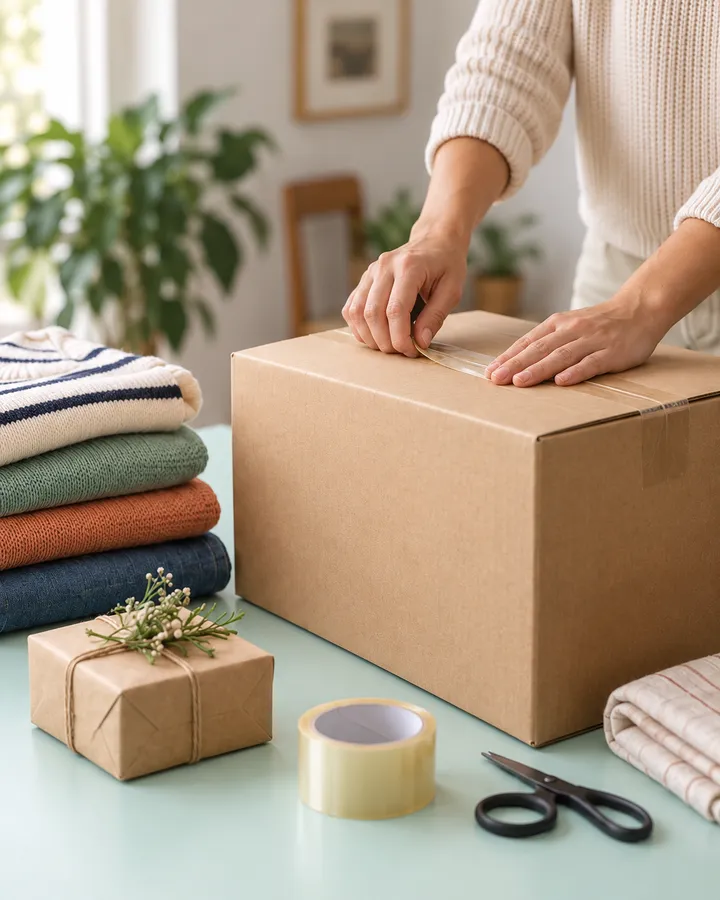 Hands carefully packing a cardboard box beside folded clothes and a small gift.